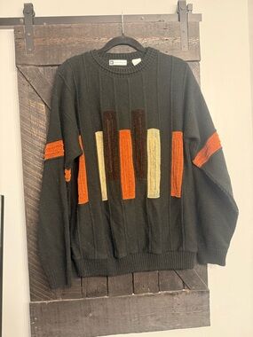 Bachrach Black Crewneck Sweater with Orange, Brown and Cream Vertical Stripes